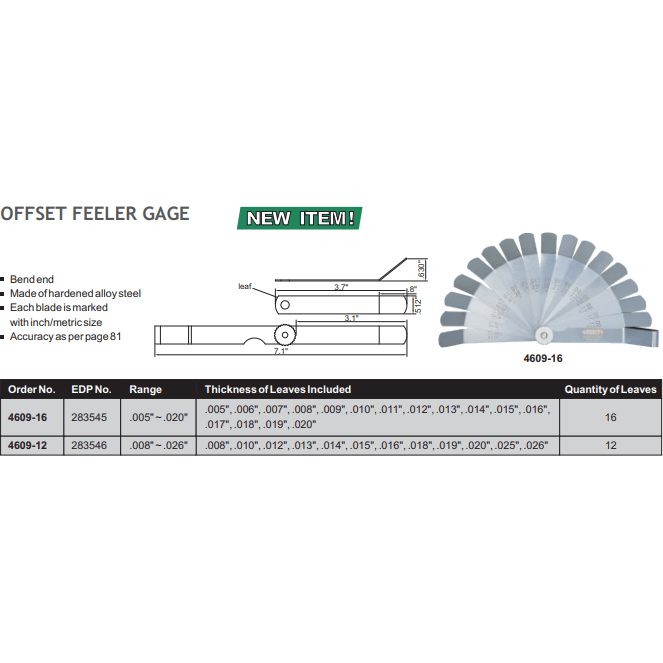 Insize Offset Feeler Gauge 0.008-0.026" Range Series 4609-12-2