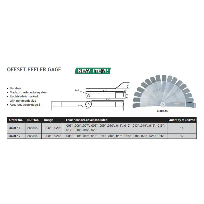 Insize Offset Feeler Gauge 0.008-0.026" Range Series 4609-12-3