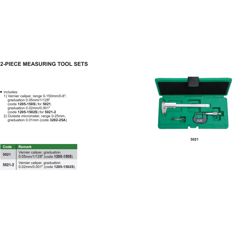 Insize Outside Micrometer & Vernier Measuring Tool Set Series 5021-3