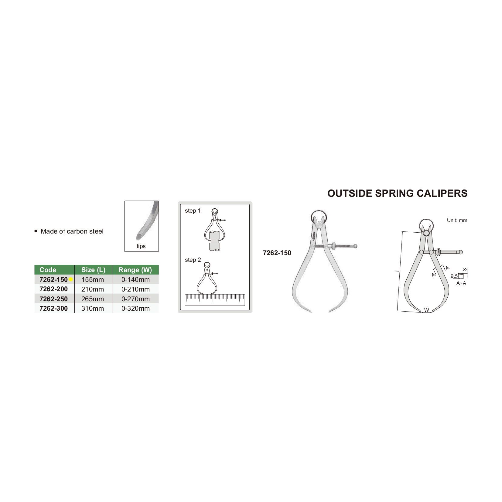 Insize Outside Spring Caliper 0-140mm Range Series 7262-150-4