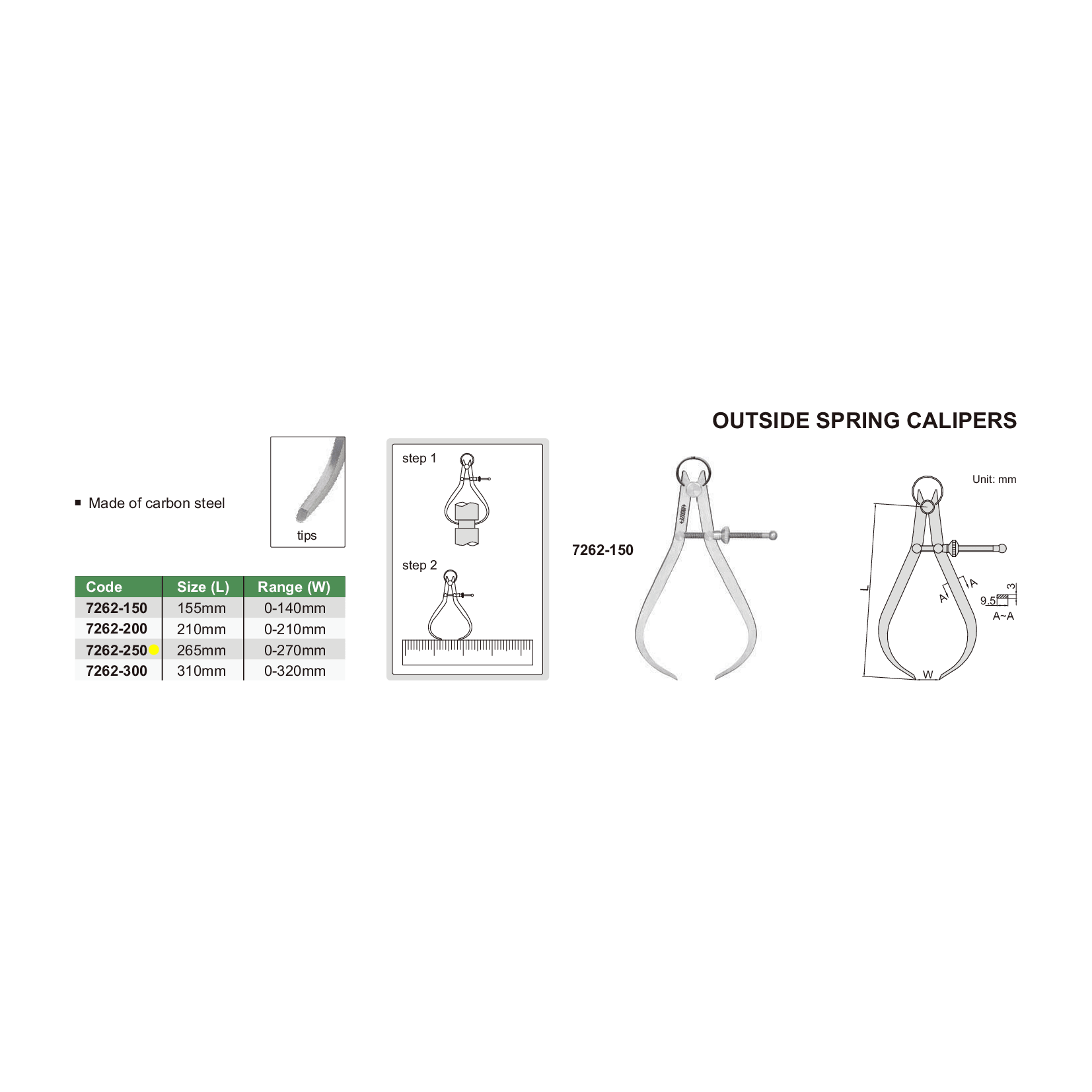 Insize Outside Spring Caliper 0-270mm Range Series 7262-250-4