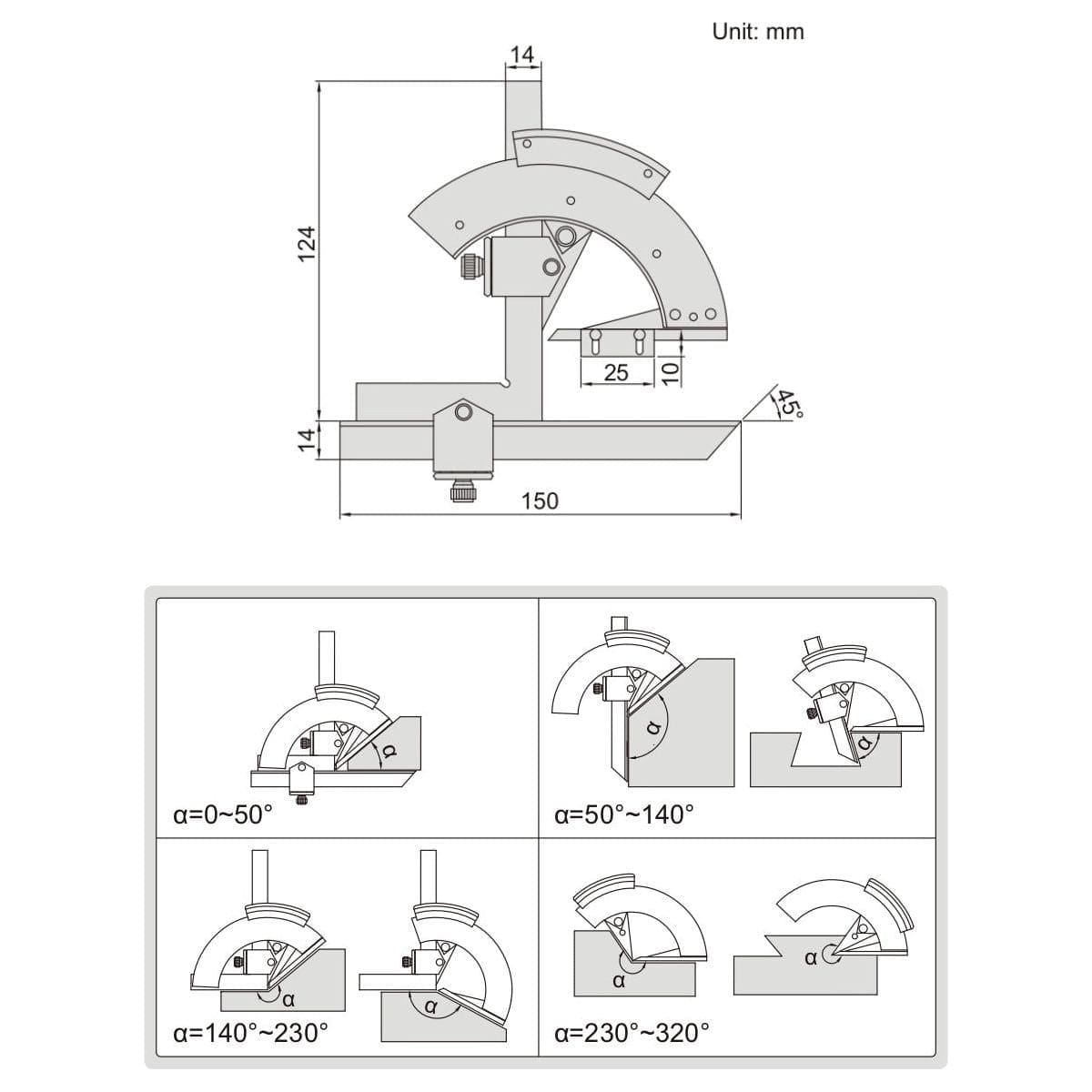 Insize Protractor 0-320° Range Series 2374-320-4