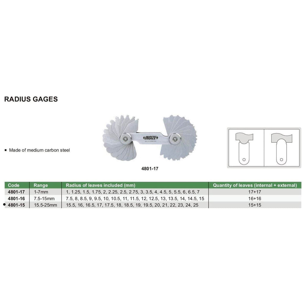 Insize Radius Gauge Set 15.5-25mm Range Series 4801-15-4