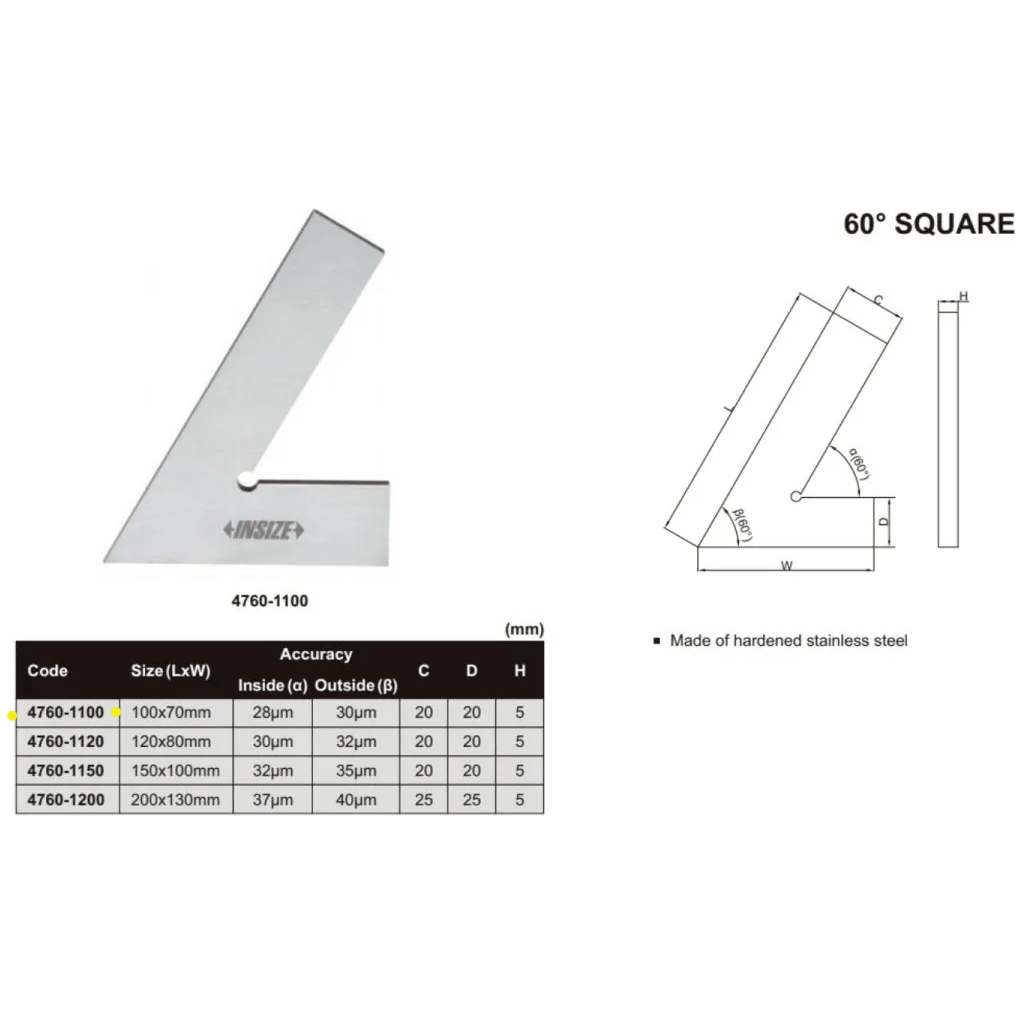 Insize Range 60° Square 100 X 70mm Series 4760-1100-4