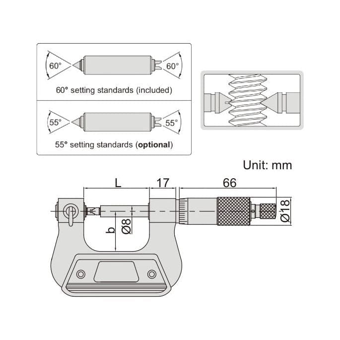 Insize Screw Thread Micrometer 0-25mm Range Series 3281-25A-2