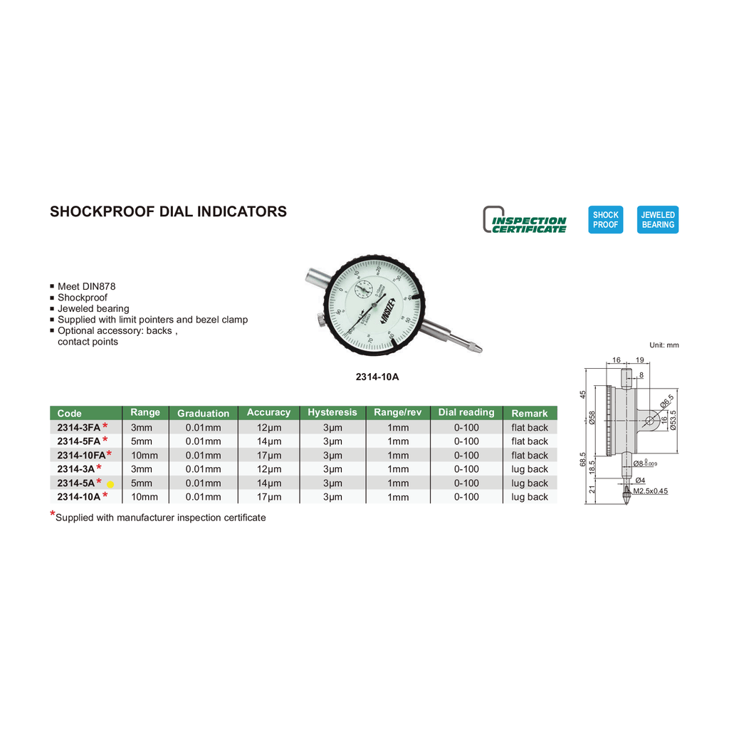 Insize Shockproof Dial Indicator 5mm Range Series 2314-5A-4