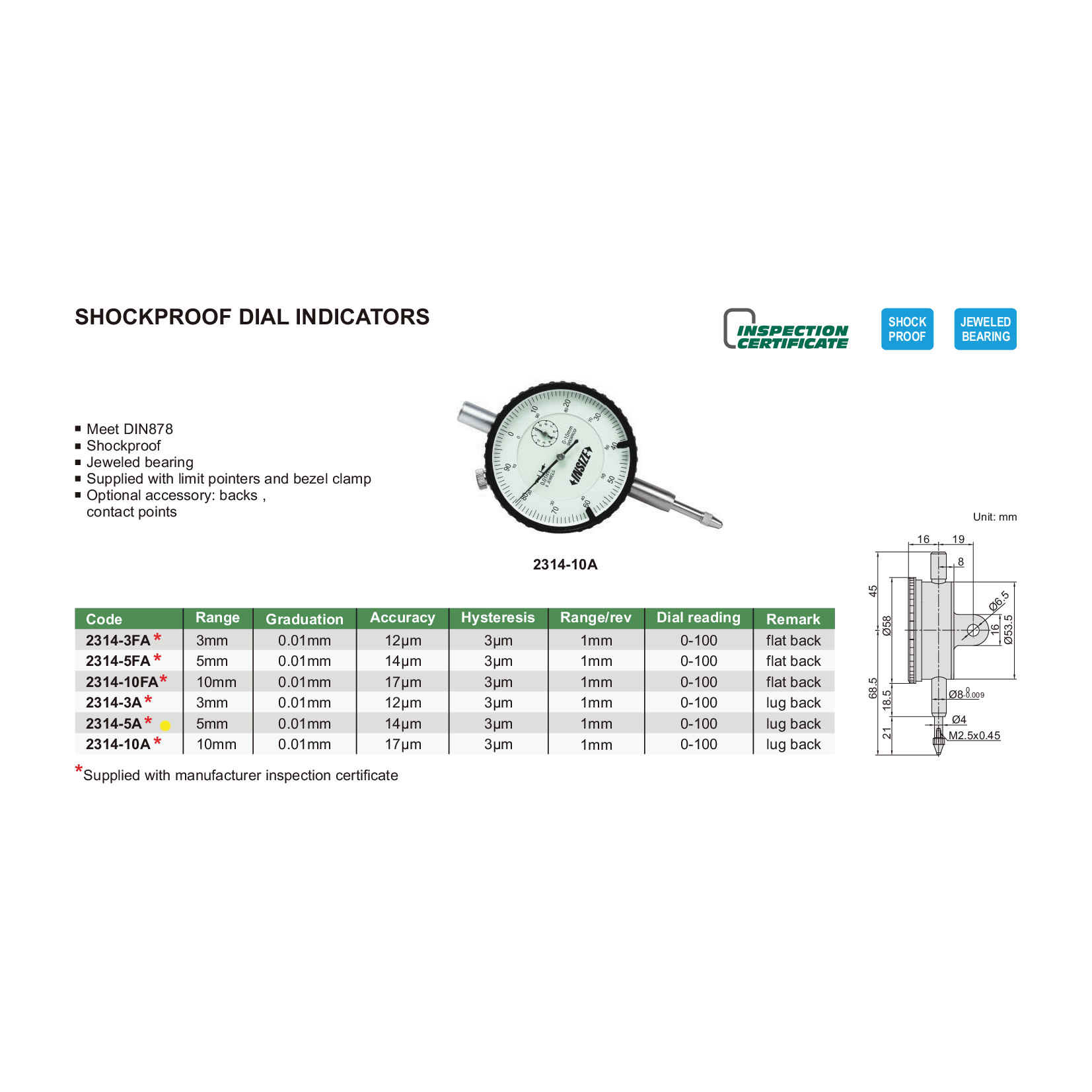Insize Shockproof Dial Indicator 5mm Range Series 2314-5A-4