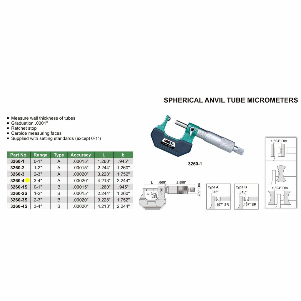 Insize Spherical Anvil Tube Micrometer 3-4" Type B Series 3260-4S-4