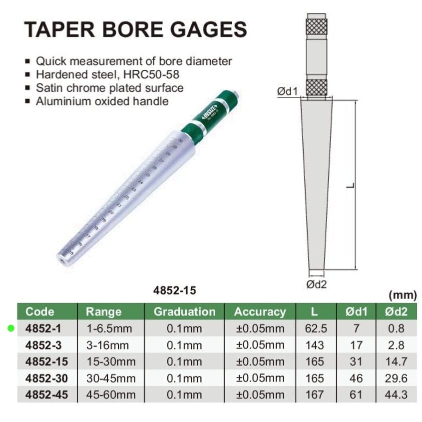 Insize Taper Bore Gauge 1-6.5mm Range Series 4852-1-2