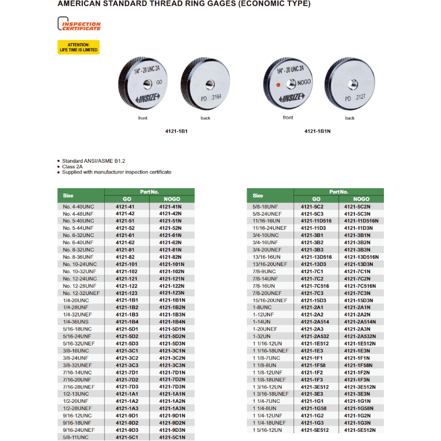 Insize Thread GO Ring Gauge 1/4"-20 UNC Series 4121-1B1-3