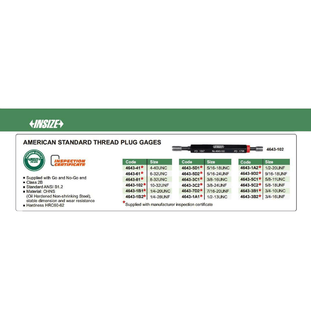 Insize Thread Plug Gage 10-32 UNF Class 2B Series 4643-102-3