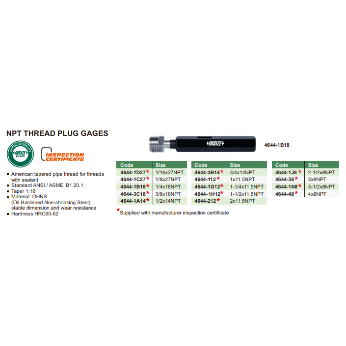 Insize Thread Plug Gauge 3/8"-18 NPT Series - 4644-3C18-2