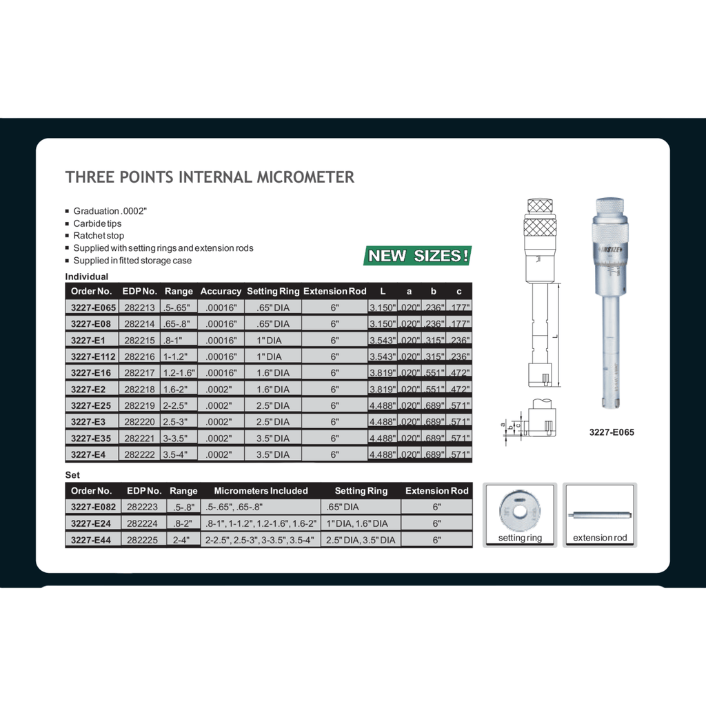 Insize Three Points Internal Micrometer Set 0.5–0.8" Series 3227-E082-1