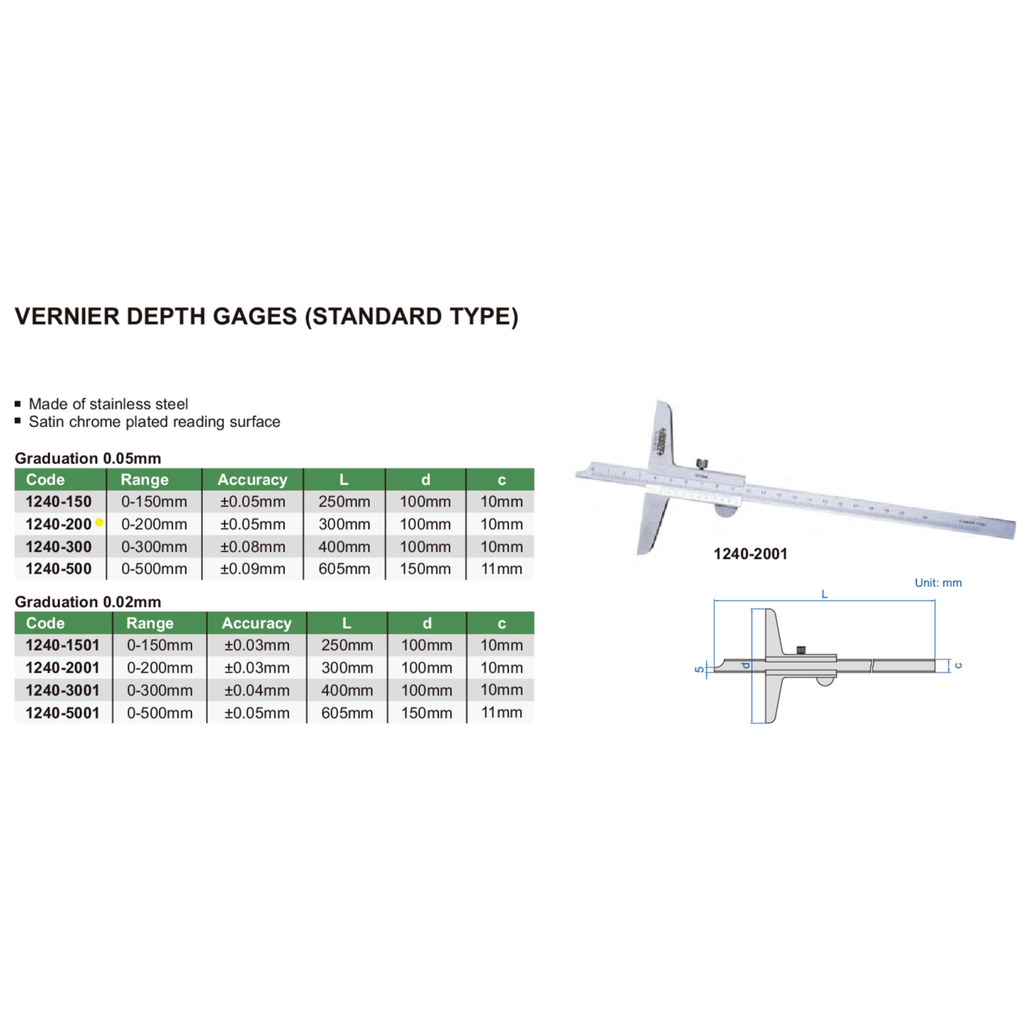 Insize Vernier Depth Gauge 0-200mm Range Series 1240-200-4