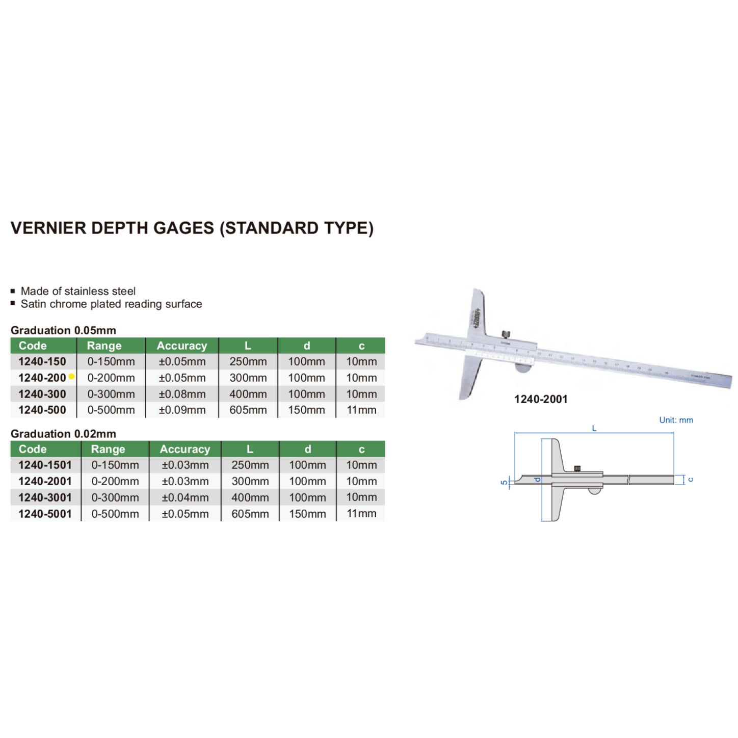 Insize Vernier Depth Gauge 0-200mm Range Series 1240-200-4