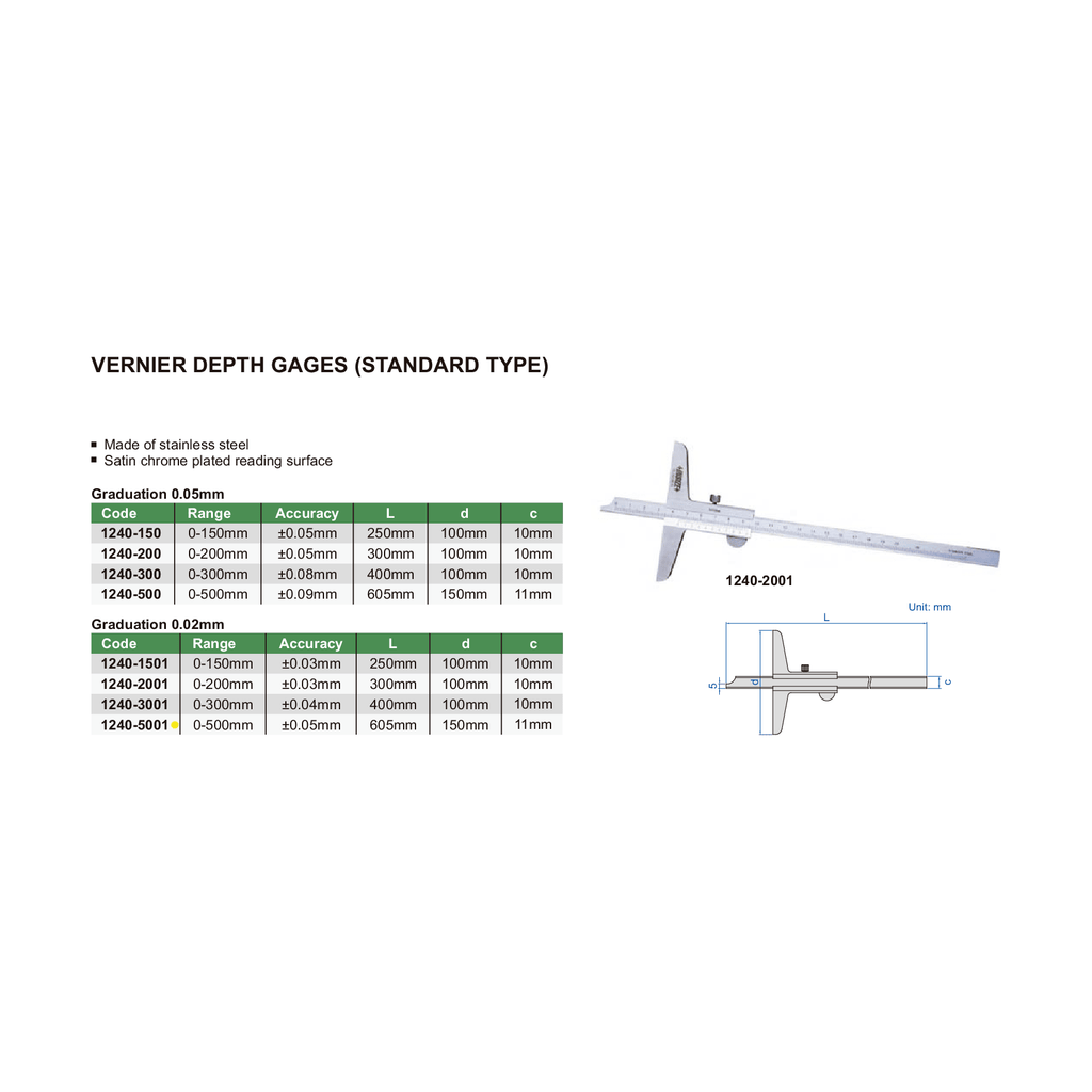 Insize Vernier Depth Gauge 0-500mm Range Series 1240-5001-4