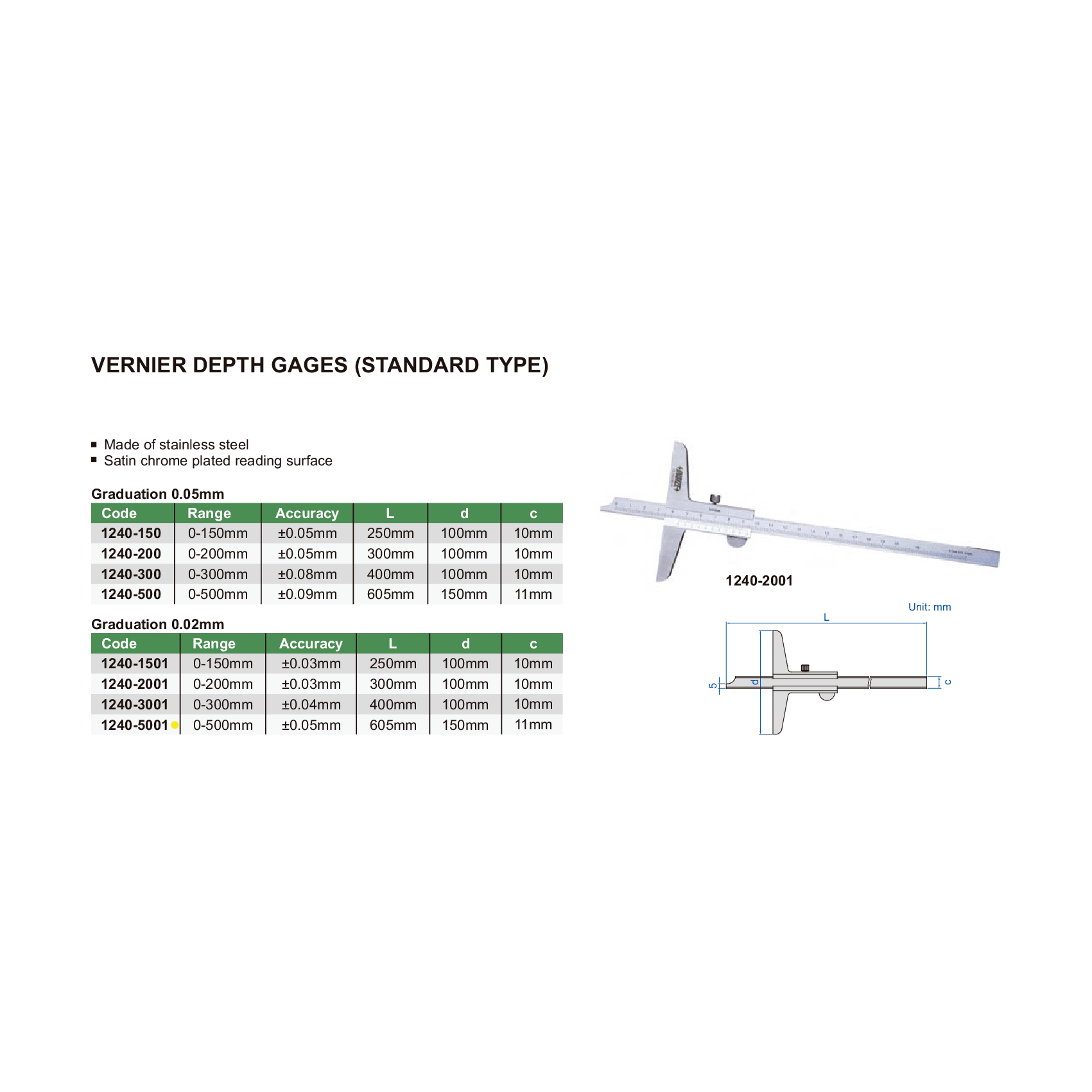 Insize Vernier Depth Gauge 0-500mm Range Series 1240-5001-4