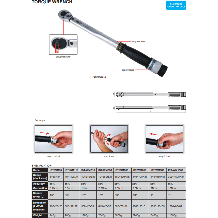 Insize Torque Wrench 70-350N.m 1/2" Drive IST-WM350-1