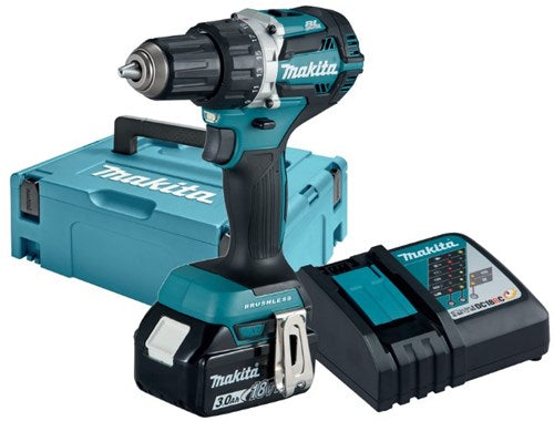 Makita ddf484rf1j 18v drill/screwdriver brushless 3.0 ah battery (1 pc), fast charger, mbox-0