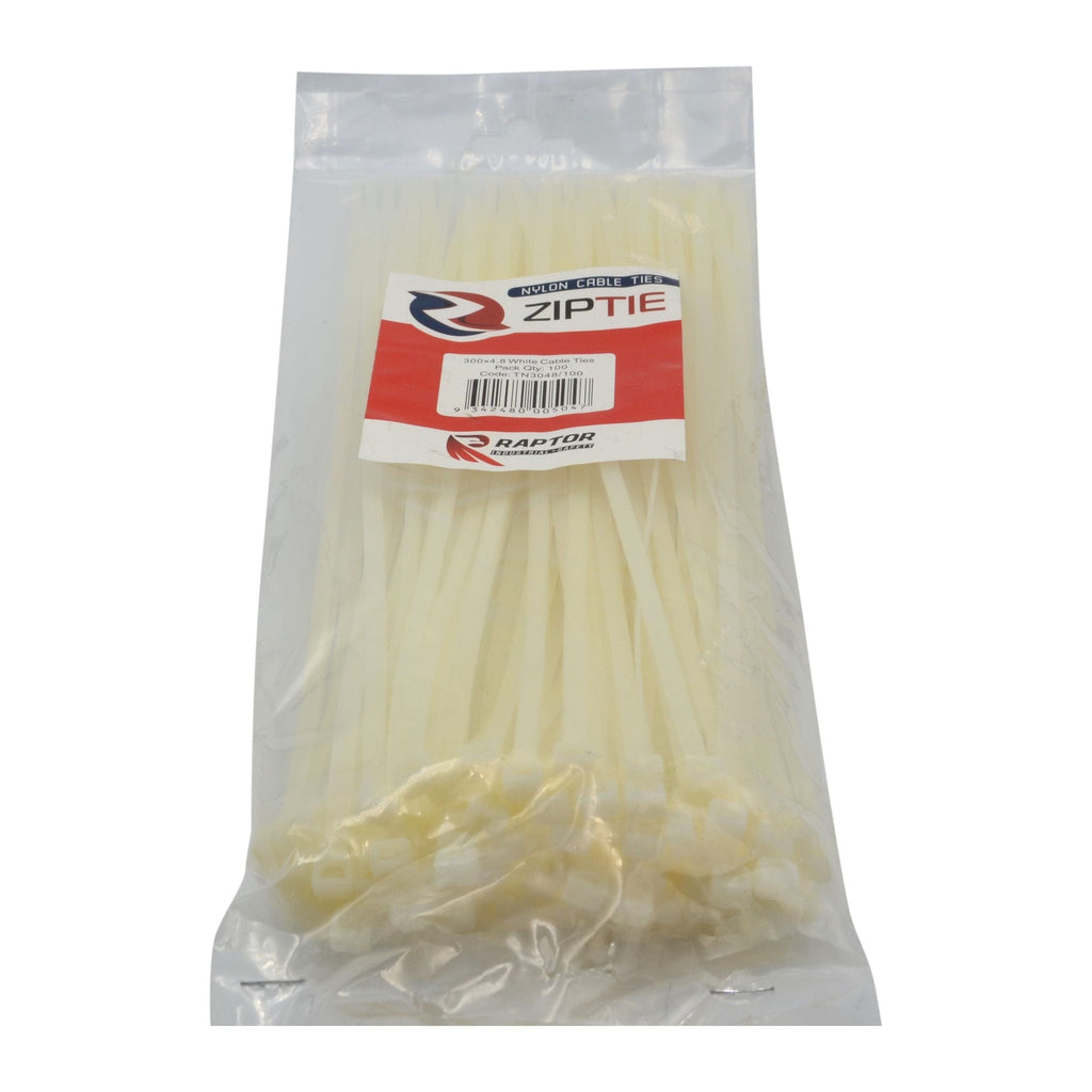 RAPTOR White 300mm x 4.8mm Medium Duty Cable Ties, 100 Pack-1