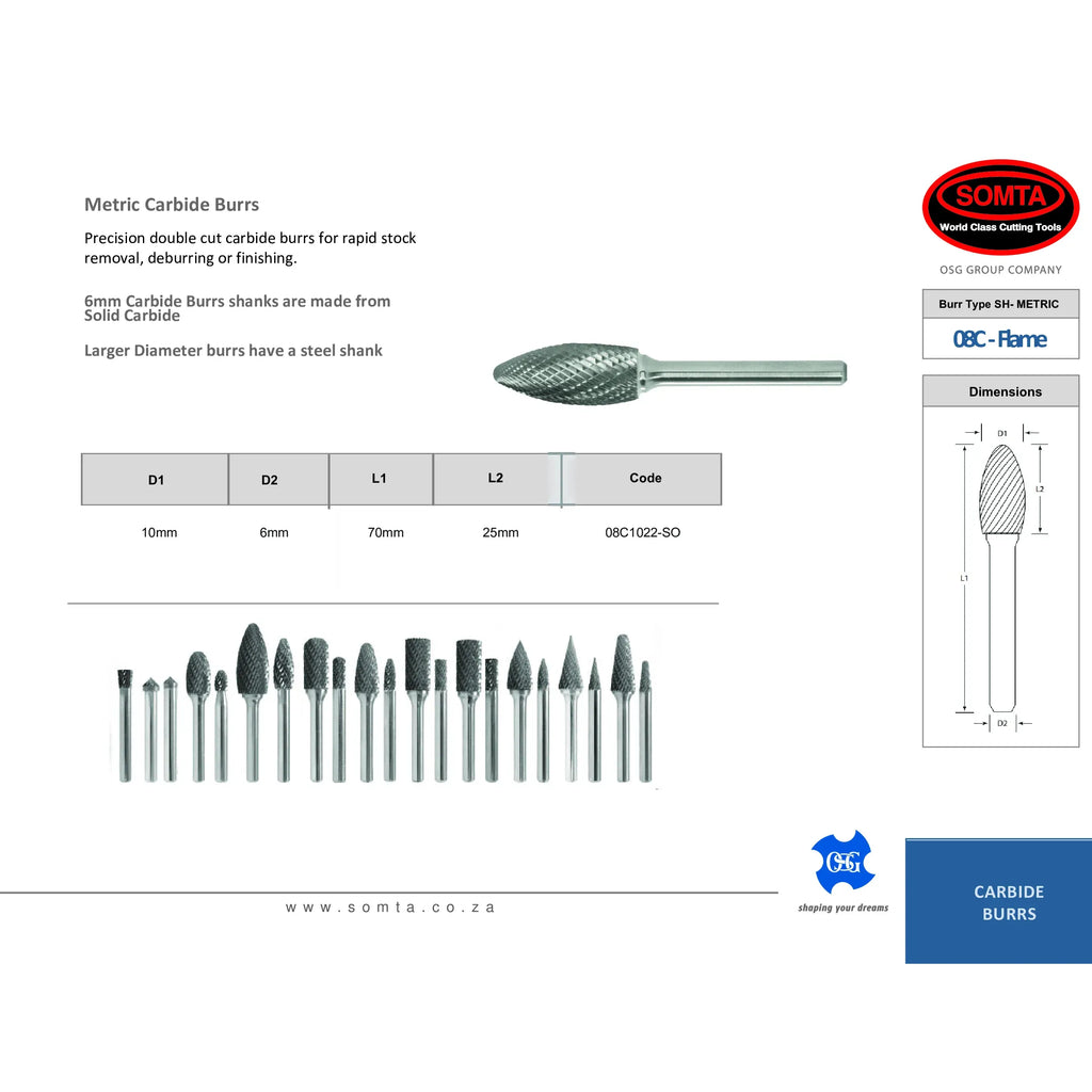 Somta Series 08C – 10mm Double Cut Carbide Burr (Flame Shape)-1