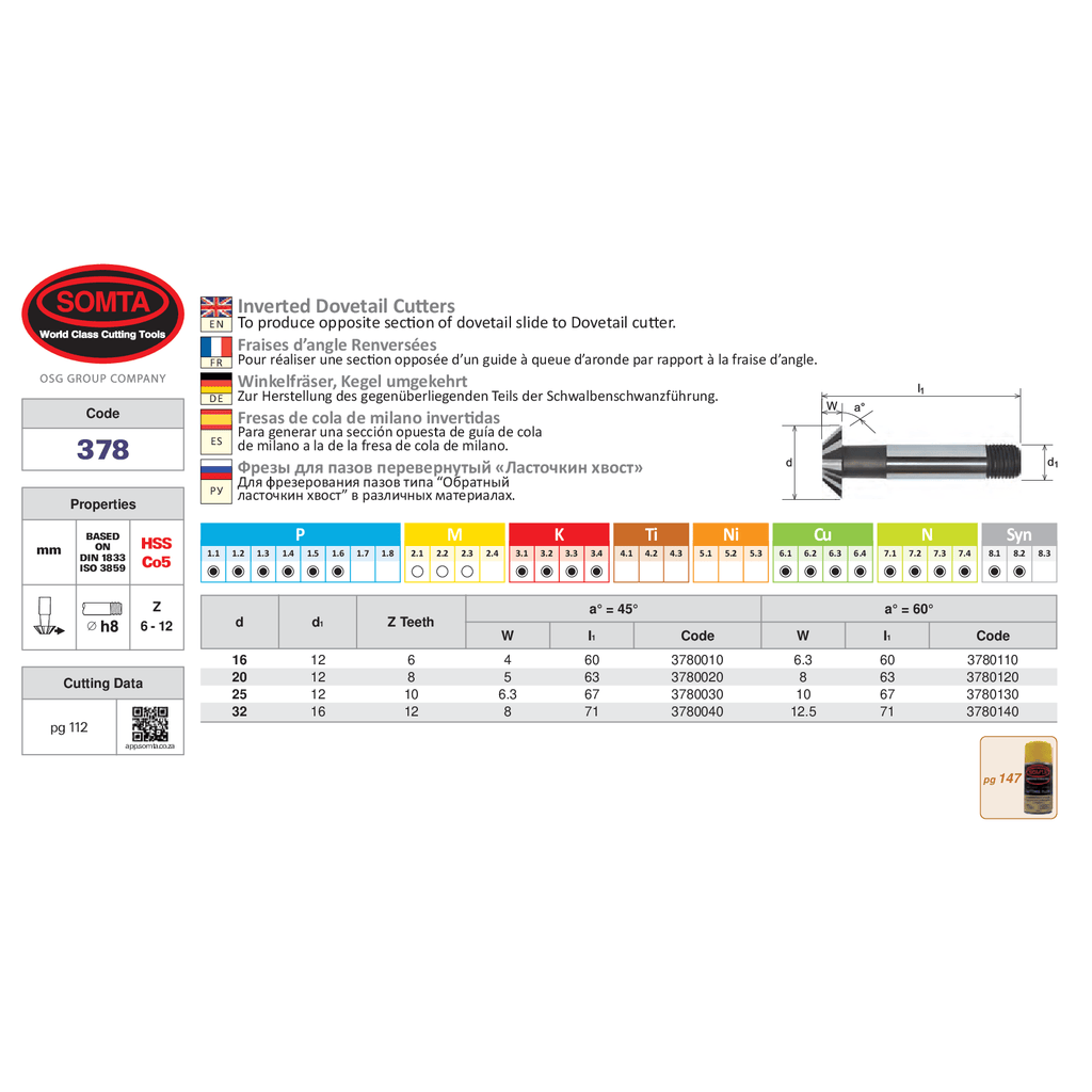 Somta Series 378 – 25MM x 60 Deg HSS-Co Inverted Dovetail Cutter-1