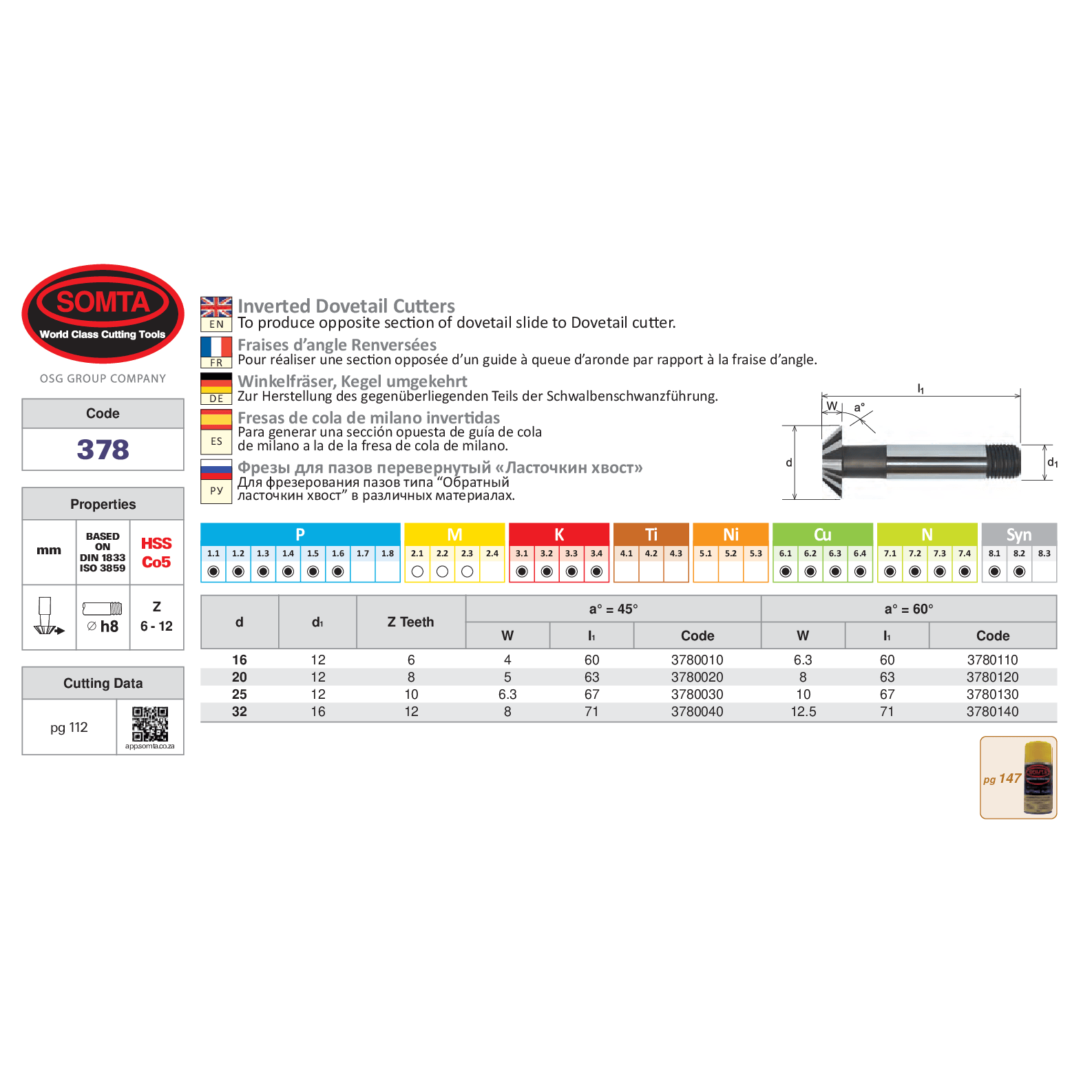 Somta Series 378 – 25MM x 60 Deg HSS-Co Inverted Dovetail Cutter-1