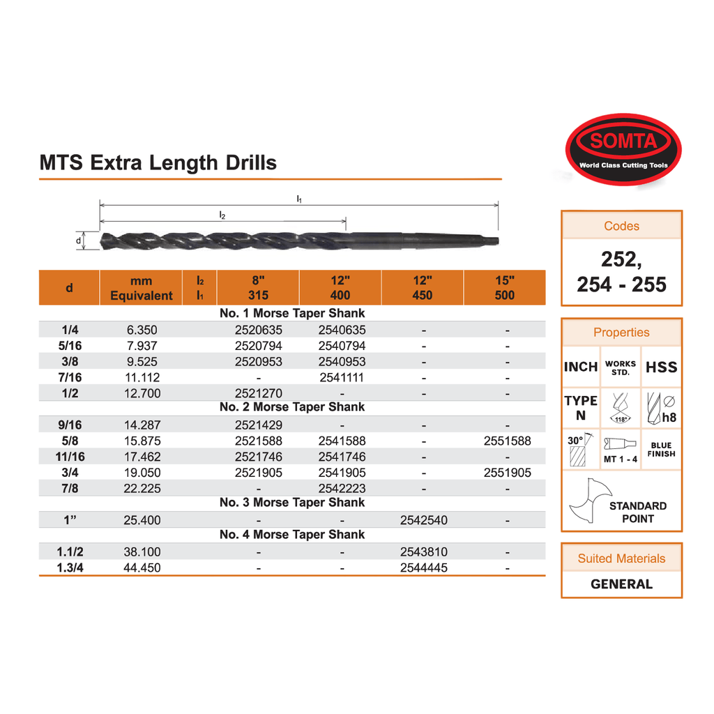 Somta Series 252 – HSS Extra-Length Morse Taper Drill 1/4" x 315mm (3MT)-2