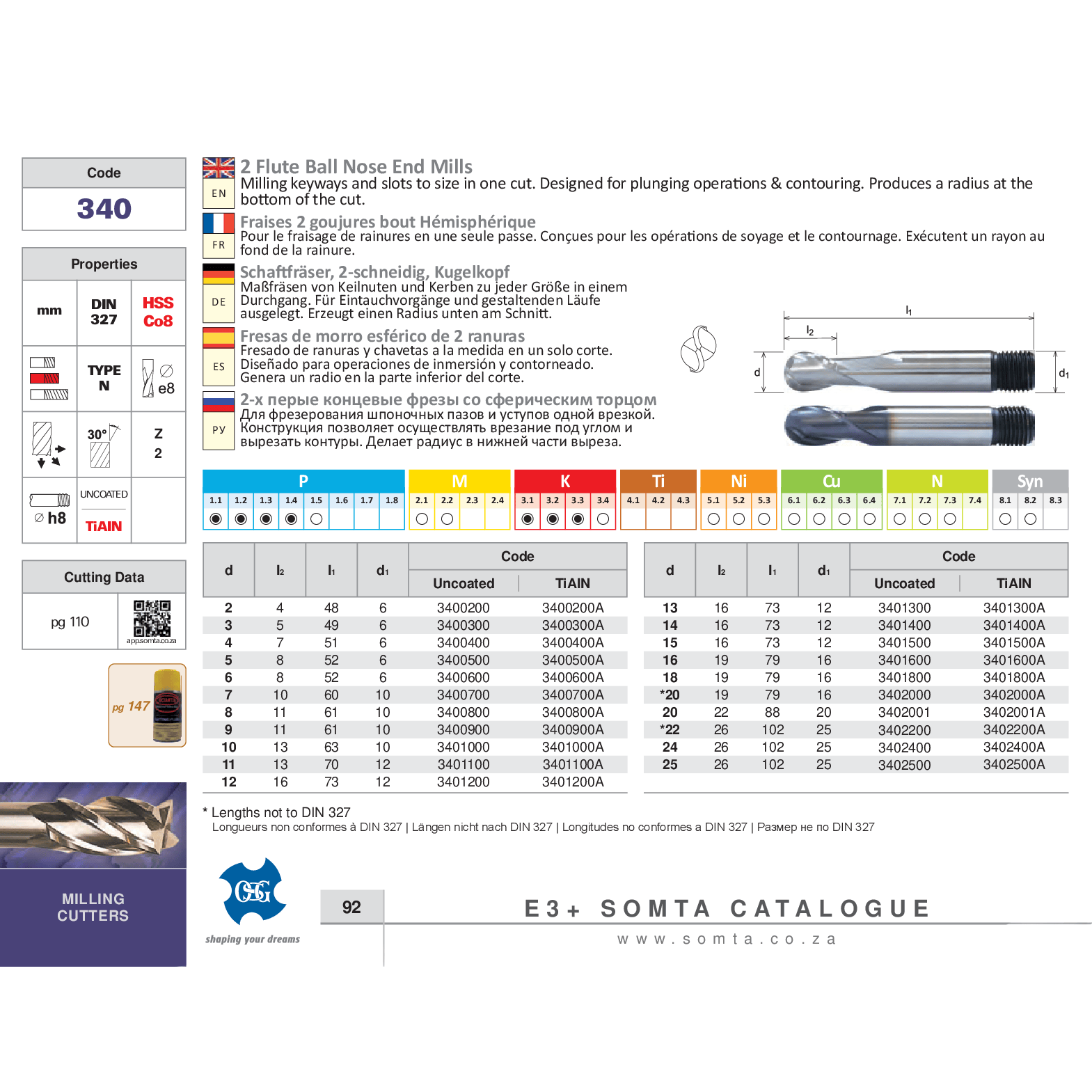 Somta Series 340 – 20.0 mm HSS-Co8e Ball Nose End Mill 2 Flute-1