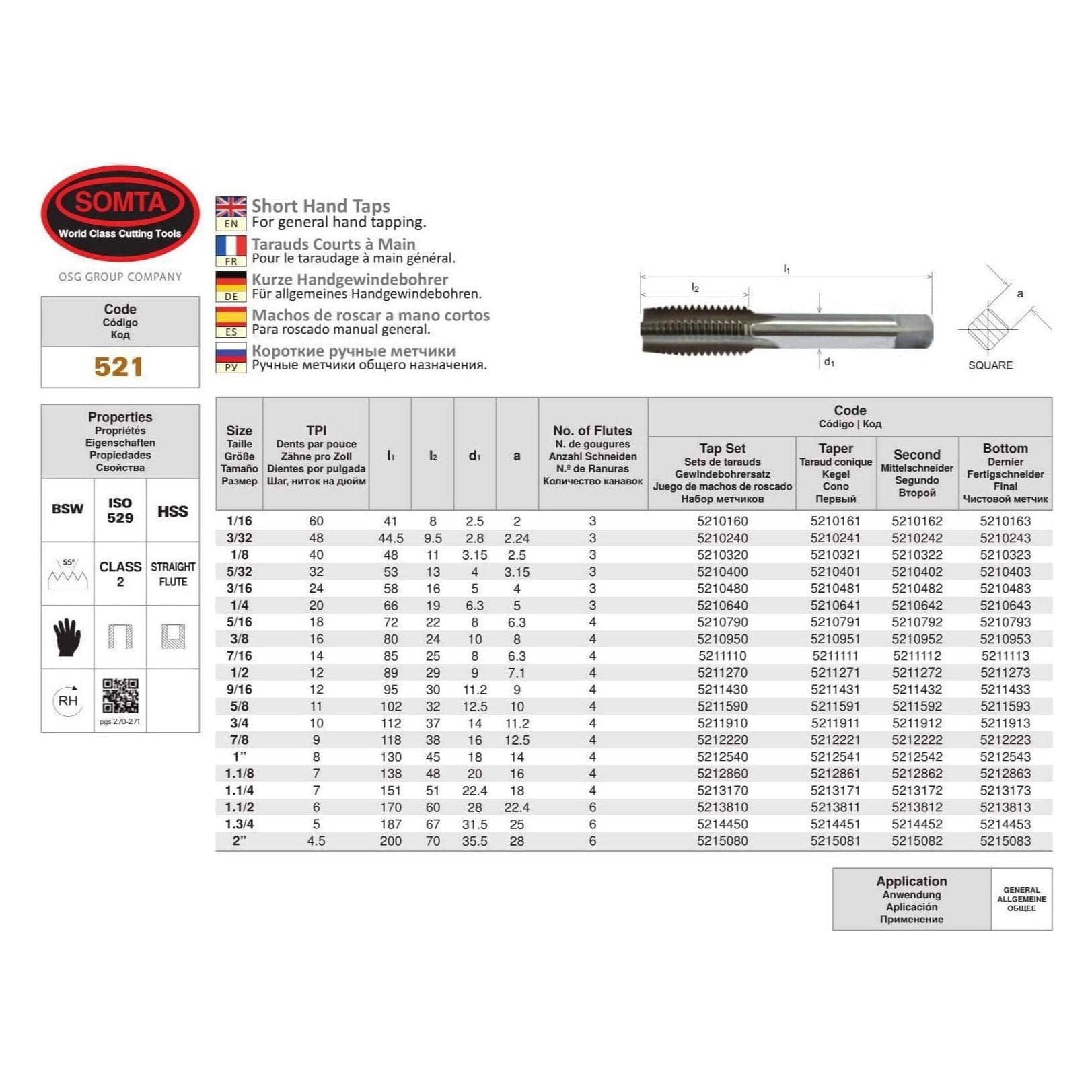 Somta Series 521 - HSS Straight Flute Short Hand Second (Intermediate) Tap BSW 1/16" x 60 TPI-2