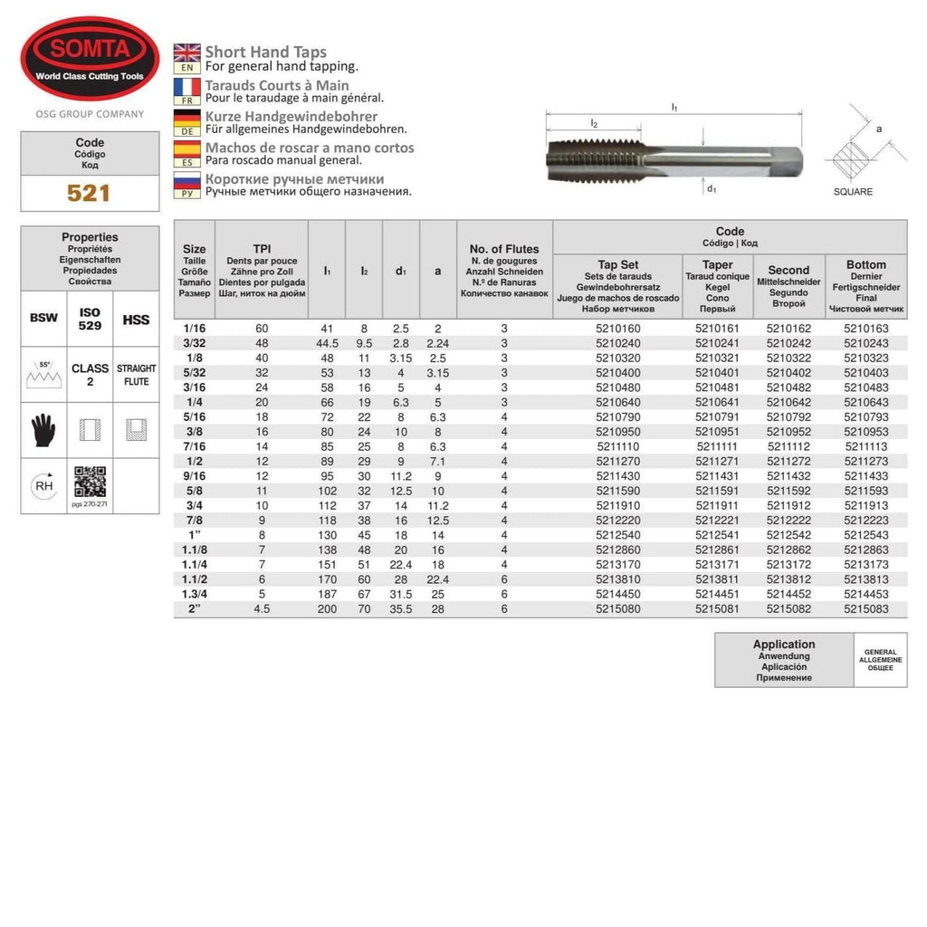 Somta Series 521 - HSS Straight Flute Short Hand Second (Intermediate) Tap BSW 3/16" x 24 TPI-2