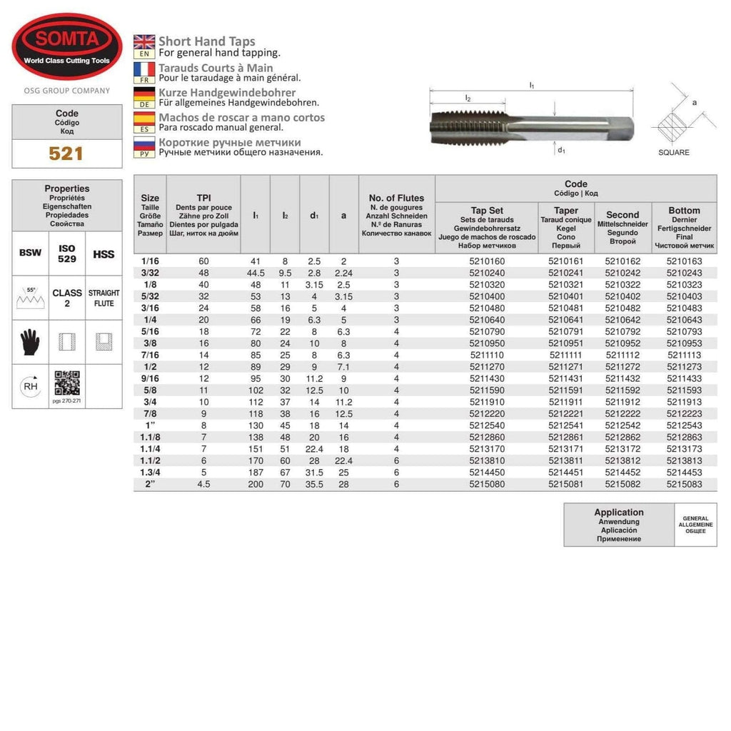 Somta Series 521 - HSS Straight Flute Short Hand Second (Intermediate) Tap BSW 5/16" x 18 TPI-2