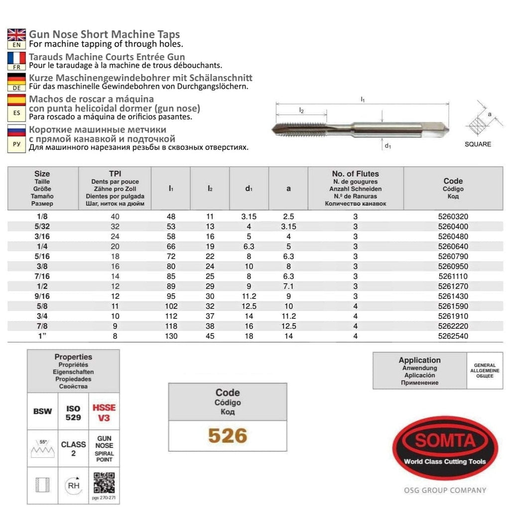 Somta Series 526- HSSE-V Gun Nose Tap BSW 5/8" (Standard)-1