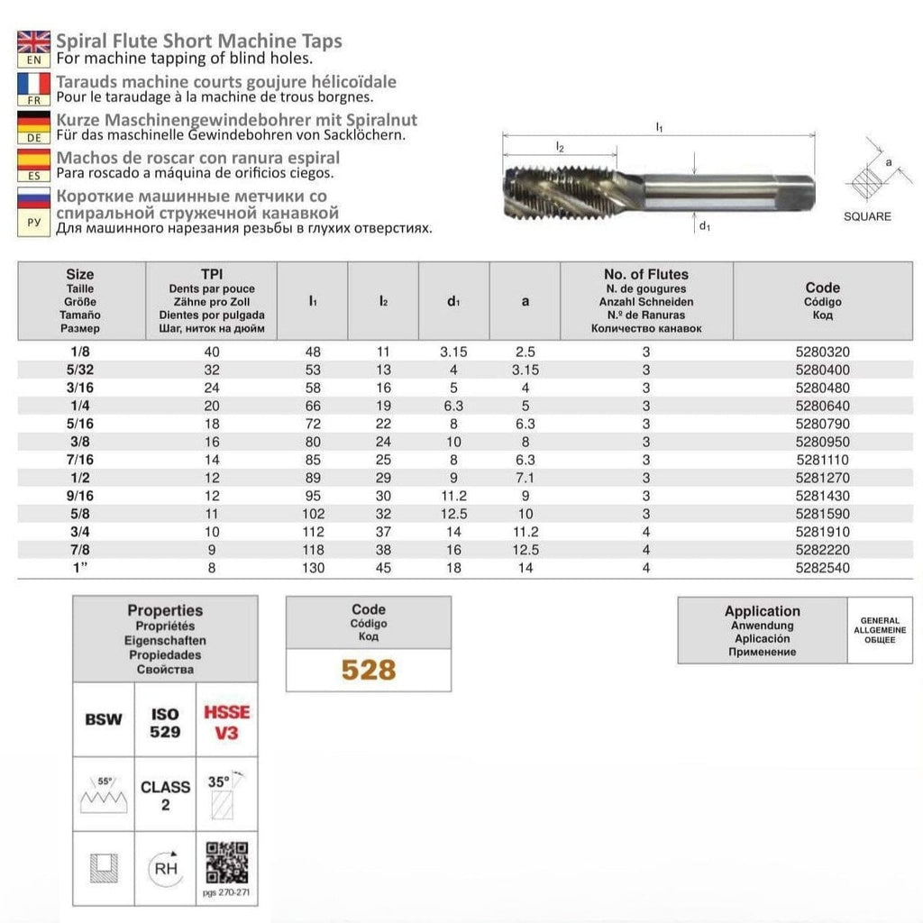 Somta Series 528 - HSSE-V Spiral Flute Tap BSW 1/4" (Standard)-1