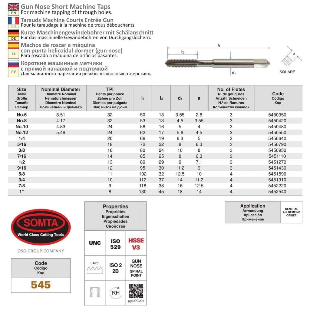 Somta Series 545 - HSSE Gun Nose Spiral Point Short Machine Taps UNC 7/8" x 9 TPI-2
