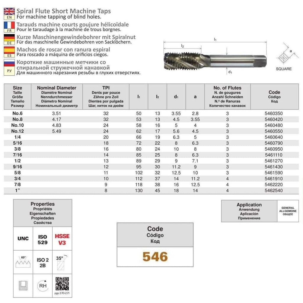 Somta Series 546 - HSS Spiral Flute Tap UNC 7/8" (Standard)-1