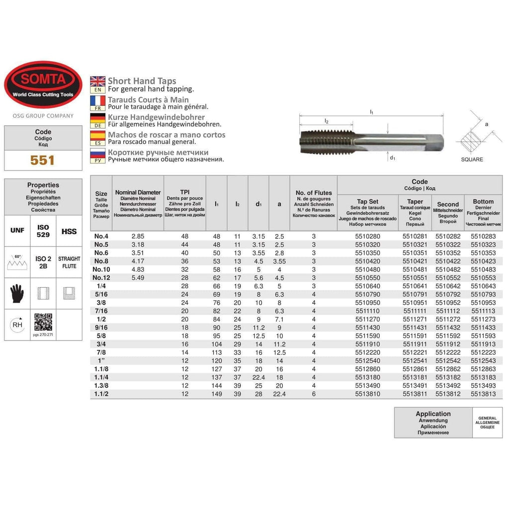 Somta Series 551 - HSS Short Hand Tap 1-3/8" UNF Taper-2