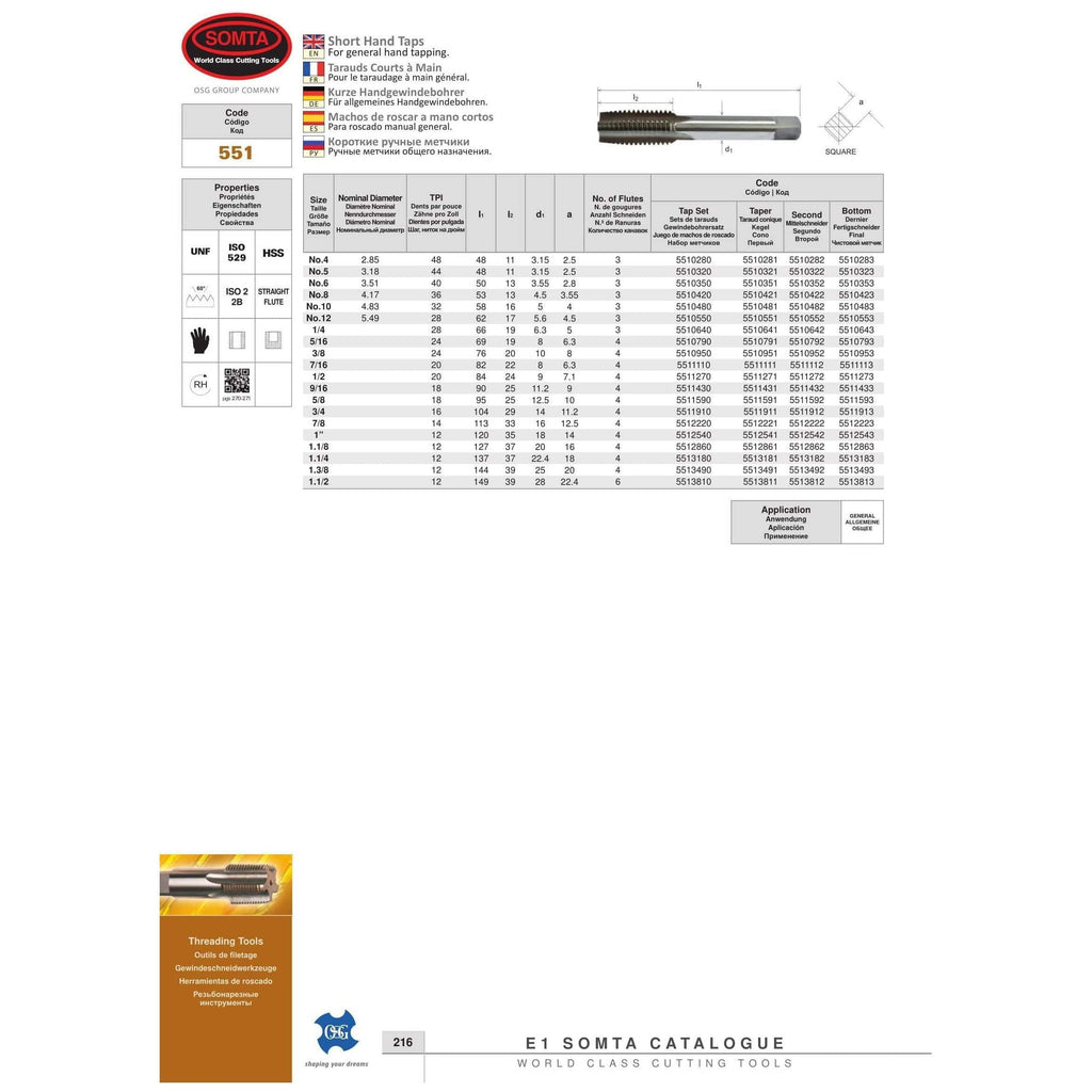 Somta Series 551 - HSS Short Hand Tap No.10 UNF Second (Intermediate)-1