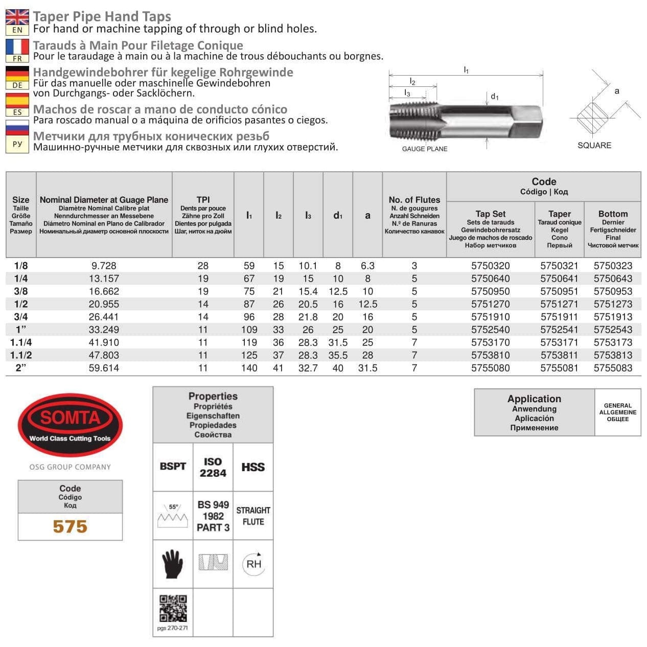 Somta Series 575 - HSS Straight Flute Taper Pipe Hand Bottom (Finishing) Tap BSPT 2" x 11 TPI-2