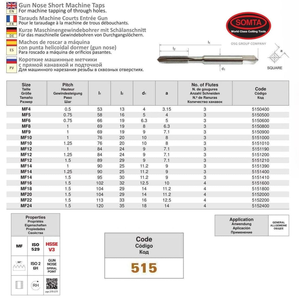 Somta Series 515 – M12 x 1.0 HSSE-V Gun Nose Metric Tap-2